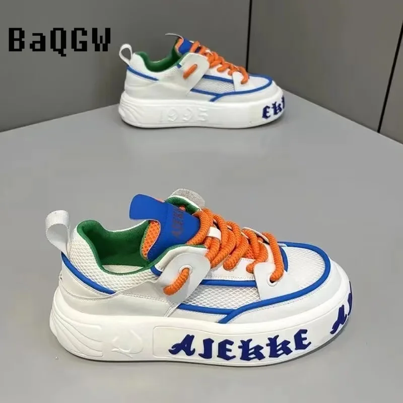 

Color Block Chunky Sneakers Men Cover Bottom Board Shoes Fashion Casual Leather Mesh Breathable Increased Platform Running Shoes