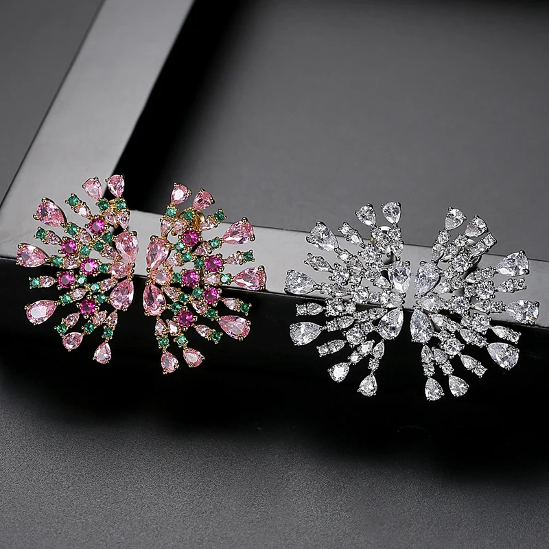 LUOTEEMI Korean Fashion Big Flower Cubic Zirconia Stud Earring for Women Unusual Pink Stones Jewelry for Bridal Wedding Luxury