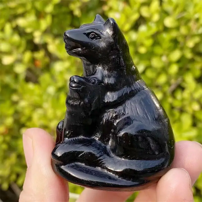 Natural Black Obsidian Mother And Son Wolf Carving Animal Figurine Healing Energy Gemstone Crystal Crafts For Christmas Gift