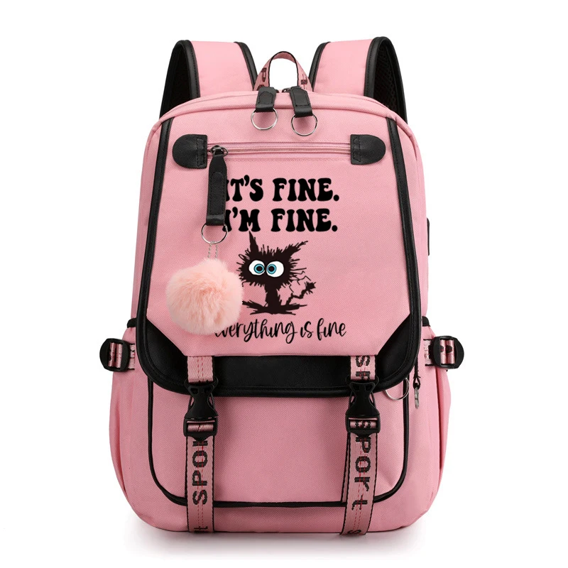 

Kawaii Backpack Mochila Funny Cat It's Fine I'm Fine Everything Is Fine Print Anime School Bag for Women Teenager Laptop Bagpack