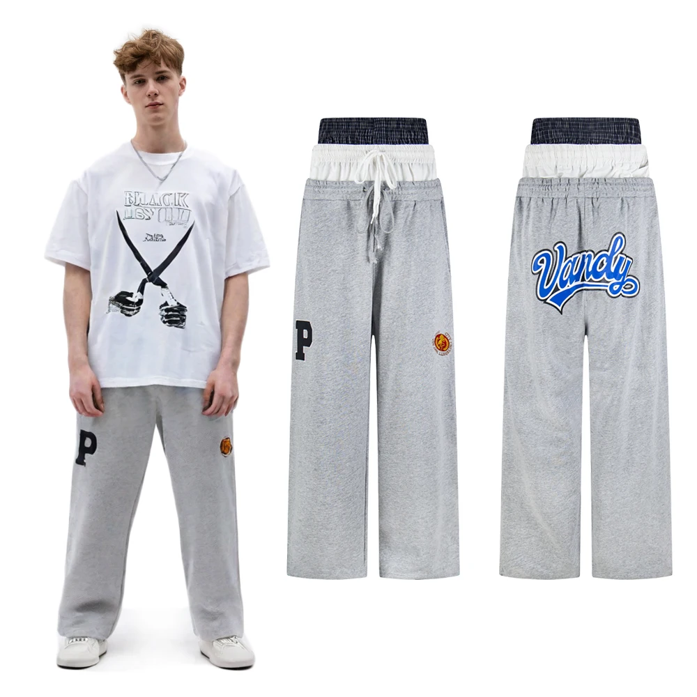 Streetwear Clothing Baggy Faux Three Piece Spliced Sweat Pants Hiphop Street Style Cotton Casual Oversized Sport Pants for Men's