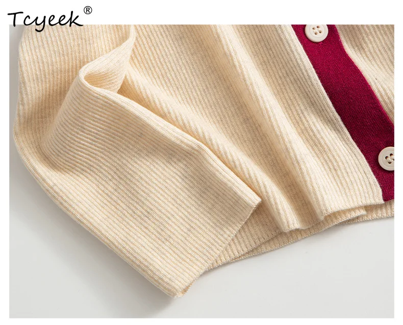 Tcyeek, cárdigans elegantes de mezcla de lana 32,4%, cuello en V de Color de contraste para mujer, chaquetas de punto informales de moda, Otoño Invierno C48142QM