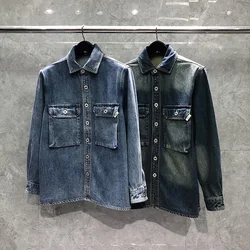 Denim Jacket Men High Quality Heavy Weight Washing Wear-resistant Multiple Pockets Denim Workwear Fashion Retro Lapel Denim Coat