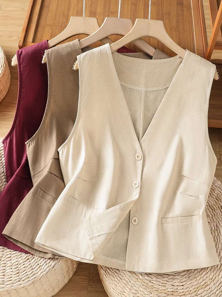 

Ladies' Cotton Linen V-Neck Vest Thin Casual Sleeveless Slimming Top Outerwear Open Cardigan Style Summer Cool Feeling