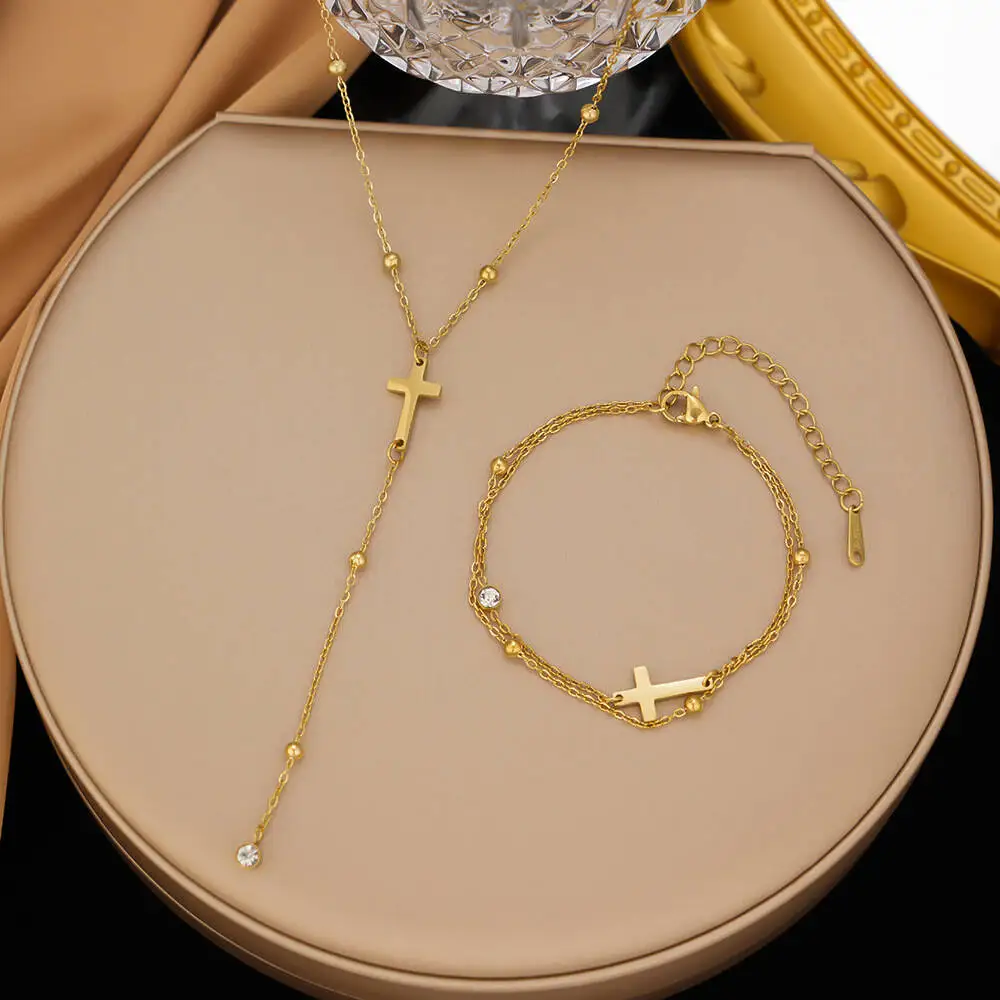 18K Gold Plated Stainless Steel Cross Jewelry Set Women Y Drop Lariat Necklace Double Layer Bracelet Waterproof Accessories Gift