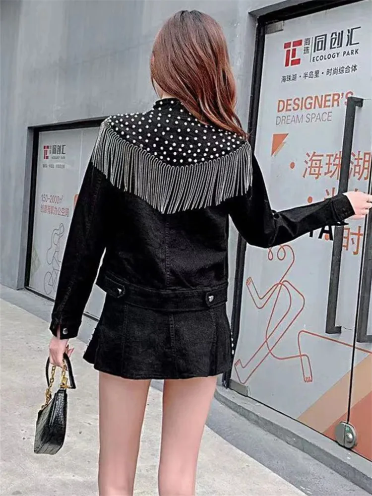 Rivet Women\'s Denim Coat 2023 Spring Autumn Jeans Jacket Streetwear Tassel Slim Short Cowboy Outerwear Female Clothing Chaquetas