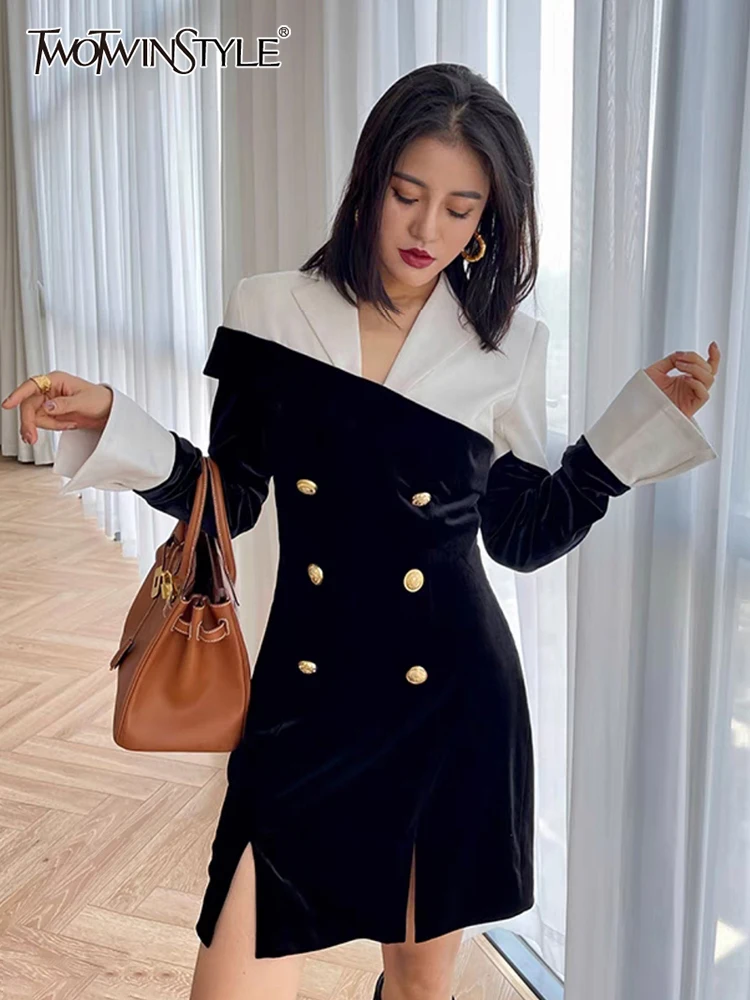 

TWOTWINSTYLE Hit Color Patchwork Double Breasted Dresses For Women Notched Collar Long Sleeve High Waist Elegant Dress Female