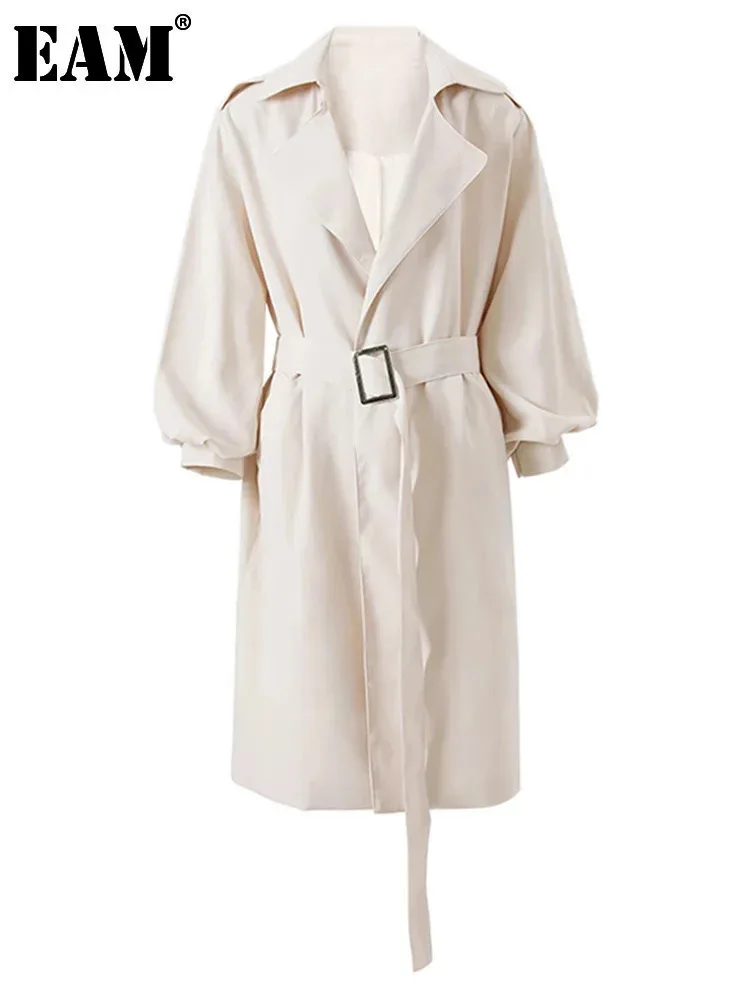 [EAM] Frauen Beige Kurze Gürtel Casual Graben Neue Revers Langarm Windjacke Mode Flut Frühling Herbst 2024, CPG1179