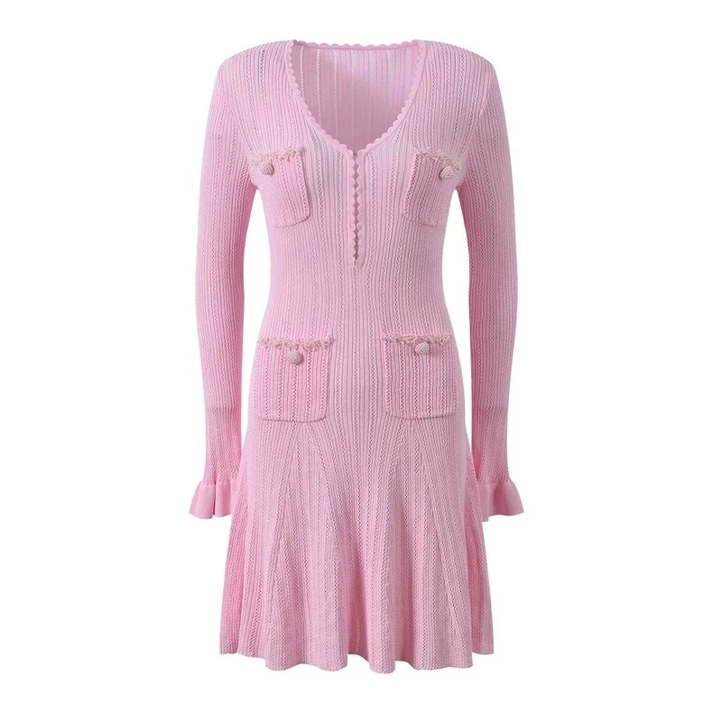 

2026 Pink O Neck Long Sleeves Knitting Women Dress Fashion Flare Sleeves Dresses For Womens Hollow Out Pearls Vestidos De Festa