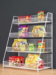 Supermarket snack shelves, beverages, snacks, toys display, convenience store cash register, multi-level storage