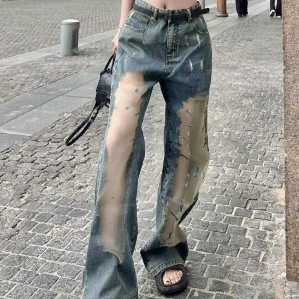 

Fashion High Waist Casual Mesh Jeans Straight Loose Ripped Jeans See Through Trousers Wide Leg Denim Pants Women