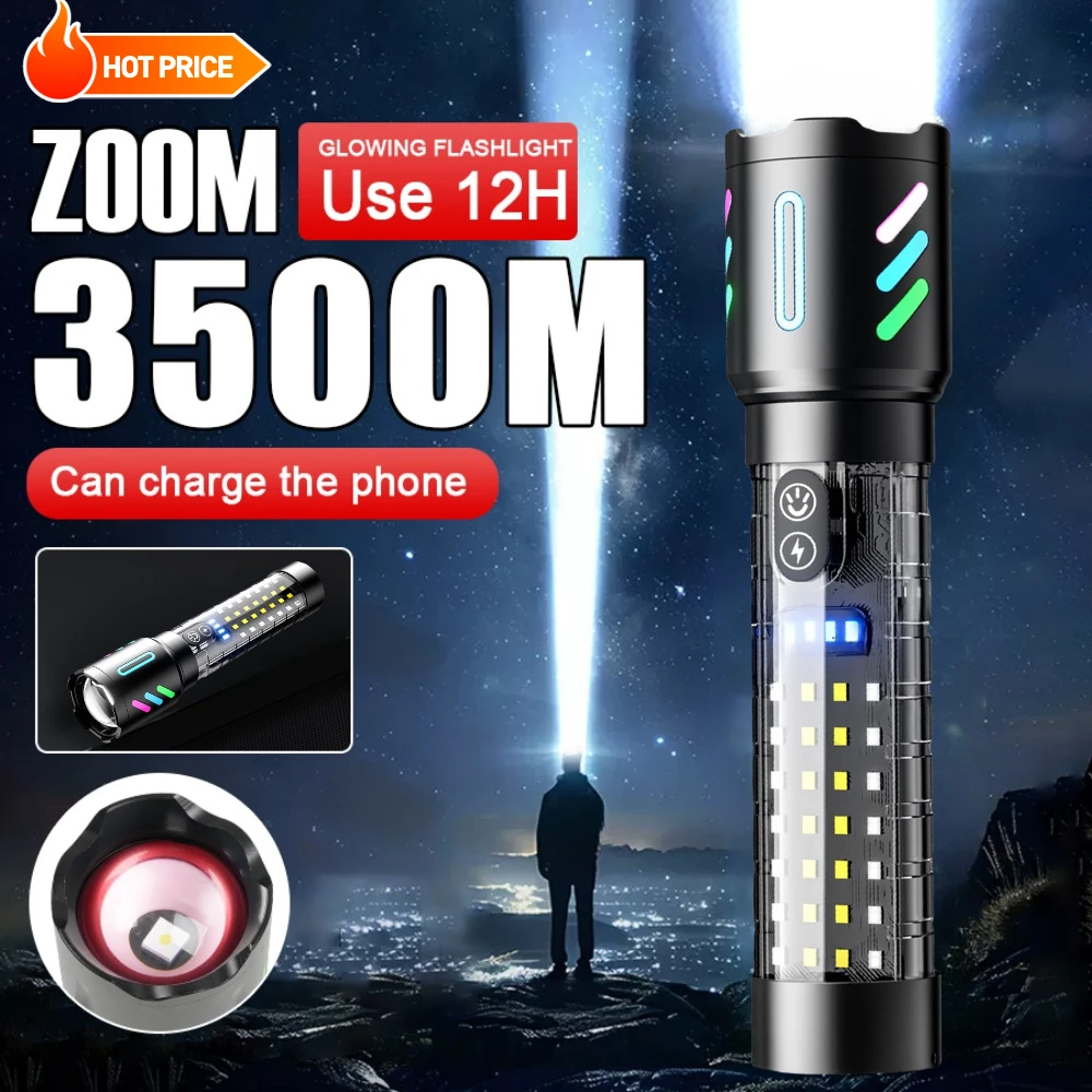 

White Laser Most Powerful LED Flashlight Built-in Battery Shot Long 3000M Tactical Portable Lantern with Fluorescent Strip