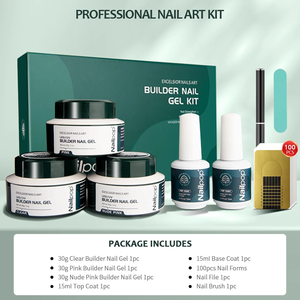 Kit de construcción de Gel Nailpop, rosa, desnudo, transparente, 3 colores, 1 Juego, arte de uñas profesional, Kit de Gel constructor de manicura DIY, uñas fuertes