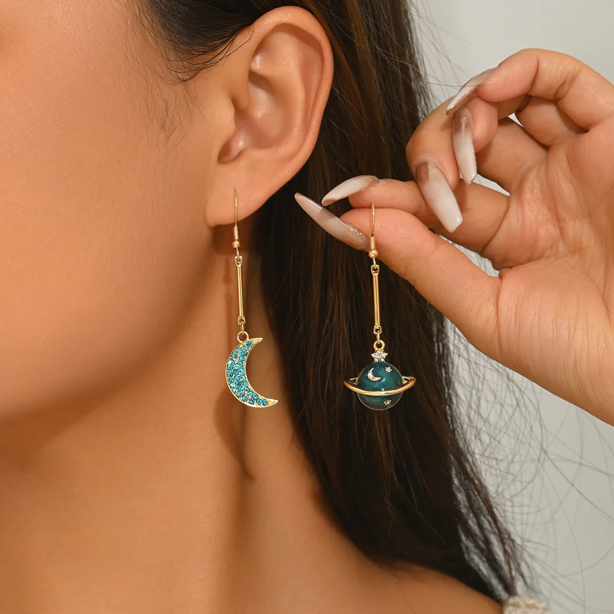 

Light Luxury Blue Rhinestone Planet Galaxy Tassel Dangle Earrings Women
