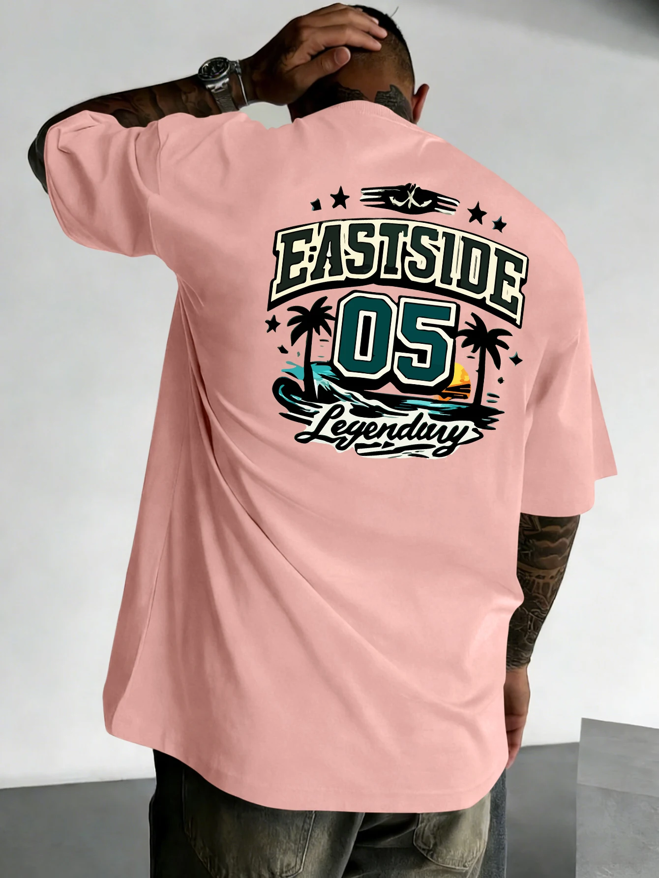 Men Oversized Eastside 05 Back Print T-shirt 100% Polyester Tropical Varsity Loose Unisex Summer Casual Top