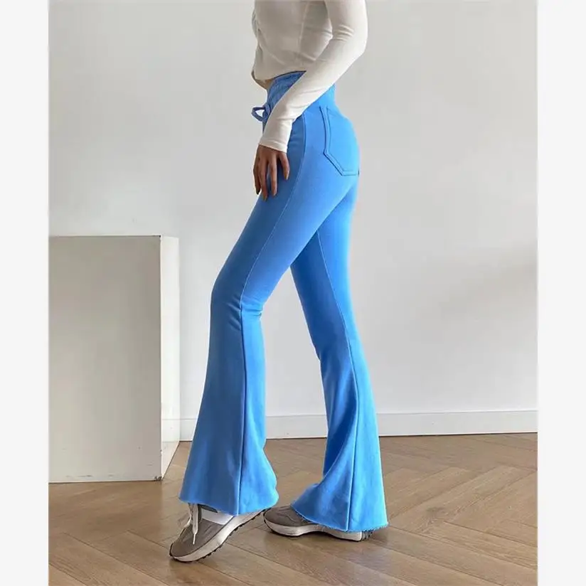 ハイウエスト痩身マイクロフレアパンツ女性のカジュアルスポーツスウェットパンツタイトな尻フィット長ズボンピュアカラー春秋