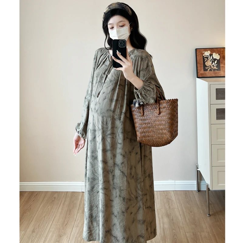 

Autumn Long Loose Pregnant Women's Dress Plus Size Maternity Clothes with Belt Vintage Ink Painting Pregnancy Oversize Dresses