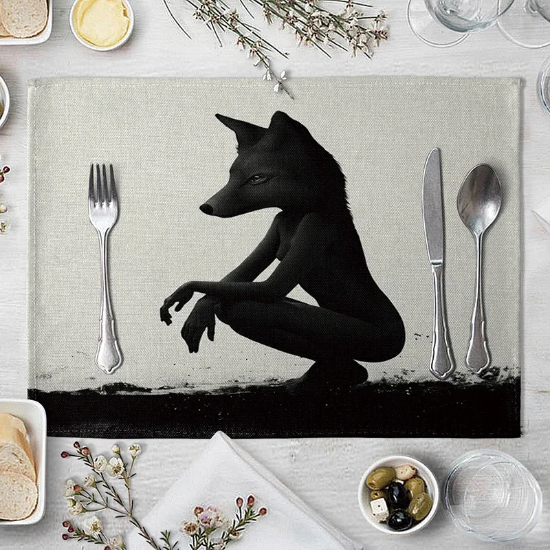 Cartoon Fox Pattern Placemat Cotton Linen Fabric Table Mats Family Dinner Tableware Kitchen Table Mat