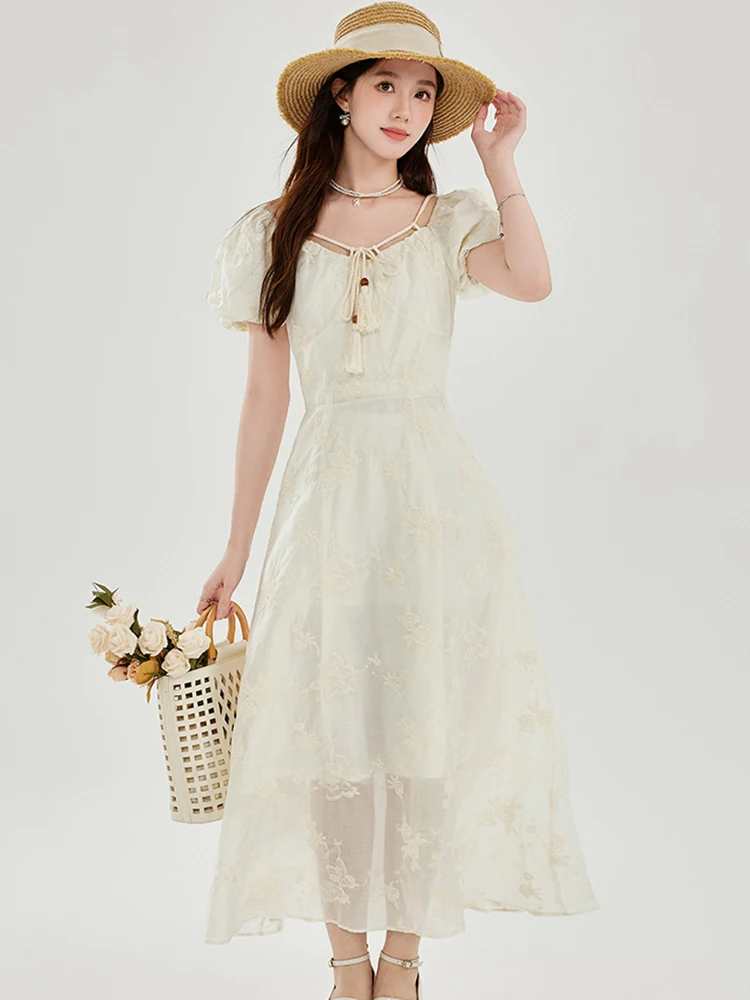 Damesmode jacquard strik vierkante kraag lange jurk zomer bladerdeeg mouw elegante luxe jurk 2025, Koreaanse vintage festivaljurken