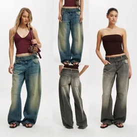 Amerikanischer Retro-Steingewaschene Arbeitskleidungsjeans mit weitem Bein, 2025, Frühjahr, neues Design, High-Street-Sexy-Mädchenhose mit geradem Bein