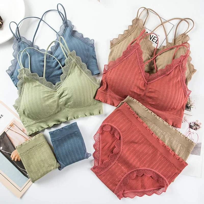 

Women's Solid Color Bra Set Sexy Korean Intimates Bras and Panty Sets Wire Free Lingerie Casual Breathable Sling Vest Underwear