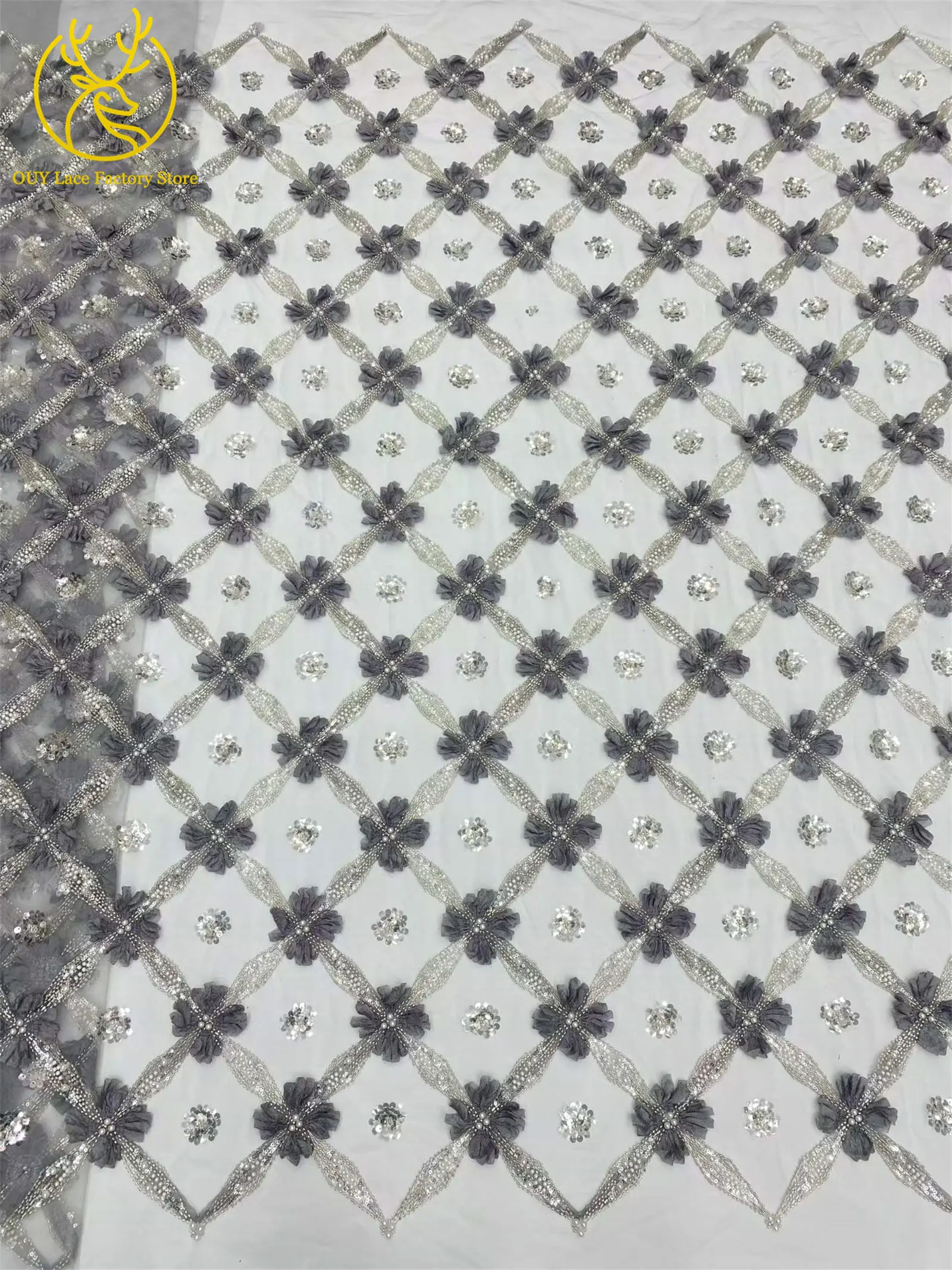Eleganter, modischer nigerianischer 3D-Tüll-Pailletten-Spitzenstoff, hochwertiger afrikanischer Perlen-Spitzenstoff zum Nähen von Hochzeitskleidern, 5 Yards – Detail 14