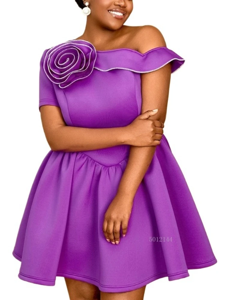 

Luxury Purple Dresses for Women One Shoulder Floral Decorate High Waisted Pleated Mini Length High Quality Birthday Wedding Robe