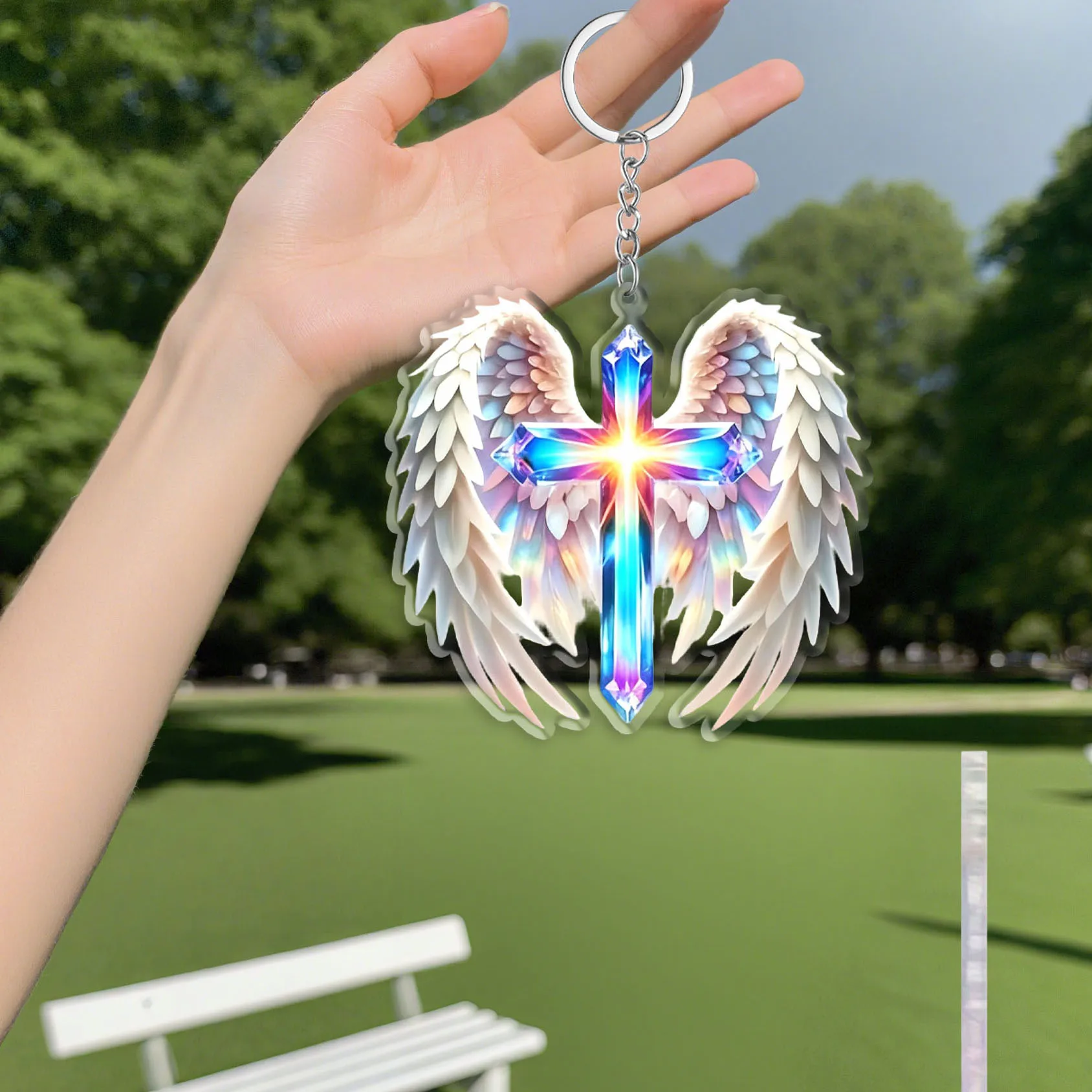 2D Flat Angel Wings Cross Keychain, Rainbow Cross Car Key Ring, Backpack Bag & Phone Hanging Charm, Lovely Gift for Women Girls