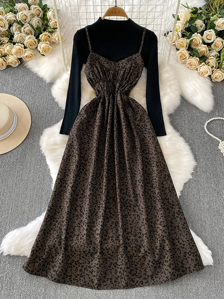 

Осень-зима женский модный леопардовый принт эластичный пояс длинное платье на подтяжках комплект элегантный базовый вязаный комплект из двух предметов S113