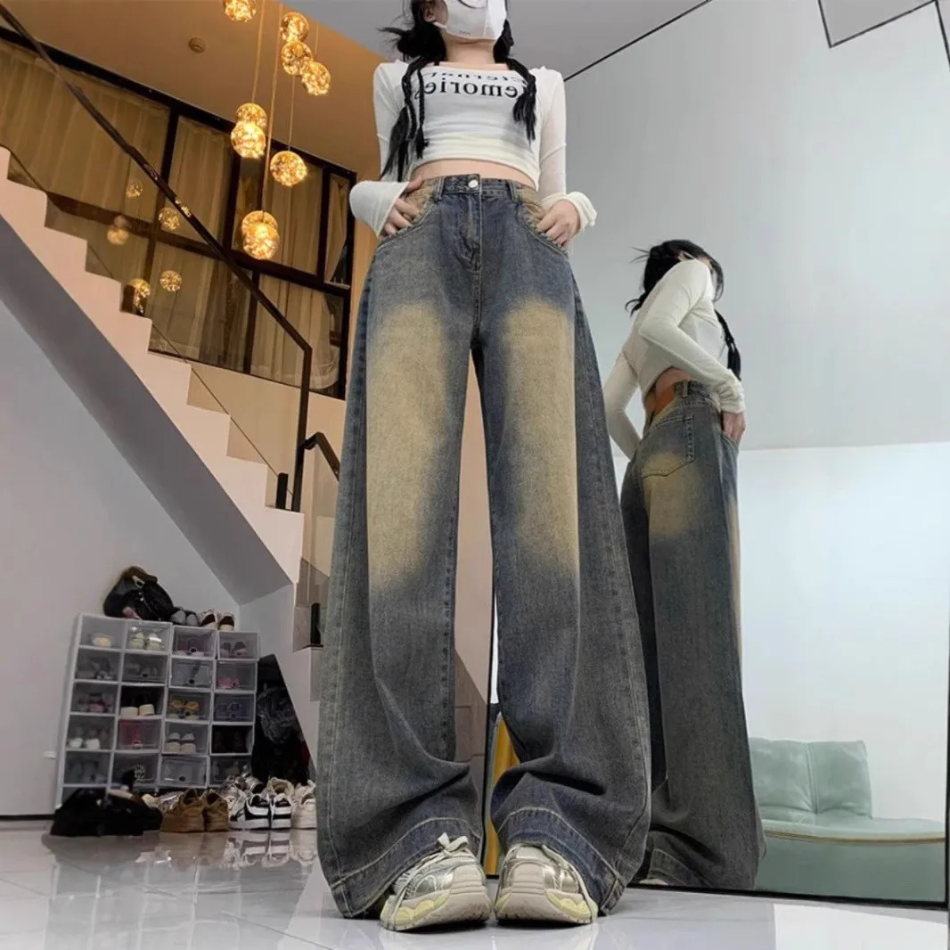 American Retro Washed Wide Leg Jeans Women Summer 2025 New High Waist Loose Drapey Straight Floor-Length Pants