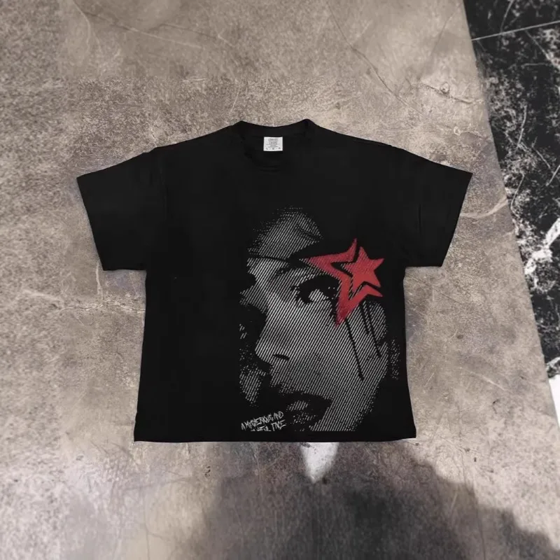 

Y2K Pure Cotton Men's Short Sleeve T-shirt Футболка American Oversize Five Star Face Print Loose Couple Casual Tops Ropa Barata