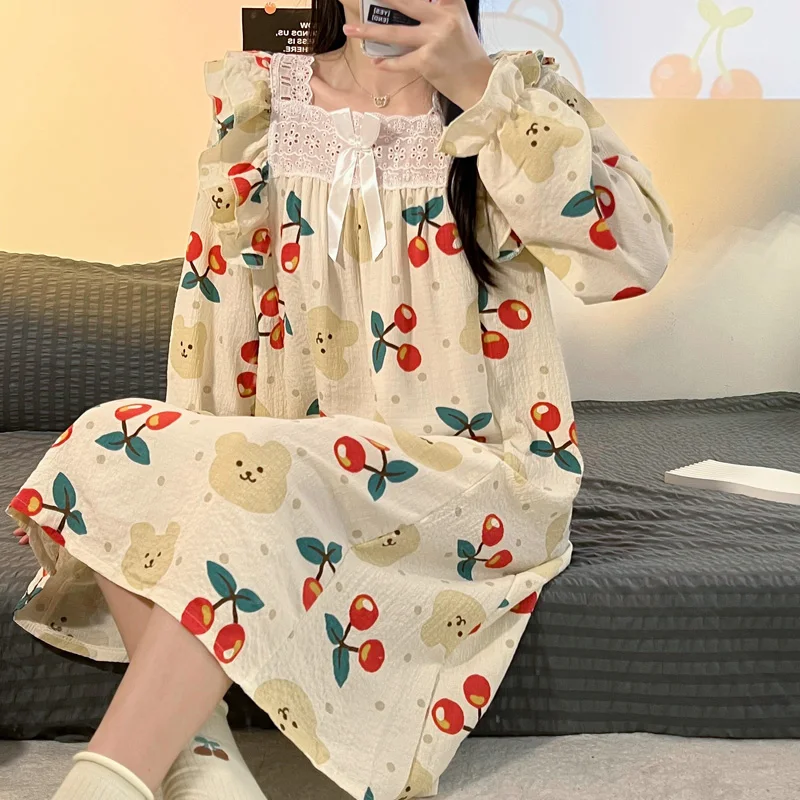 Pure Cotton Nightgown Women's Long Sleeve Gauze Midi Loose Home Clothes Sweet Princess Style Spring Autumn Seasonal Sleepwear