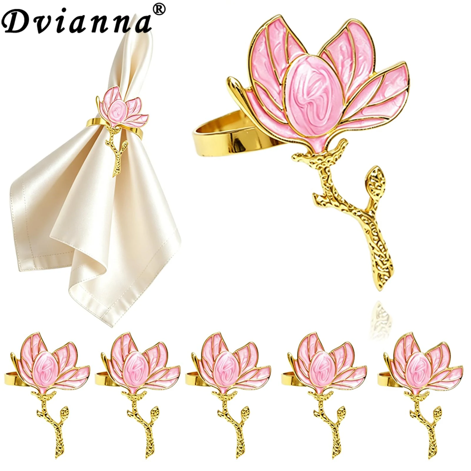 6Pcs Magnolia Flower Napkin Rings White & Pink Floral Napkin Holders for Wedding Bridal Shower Formal Banquet Table Decor