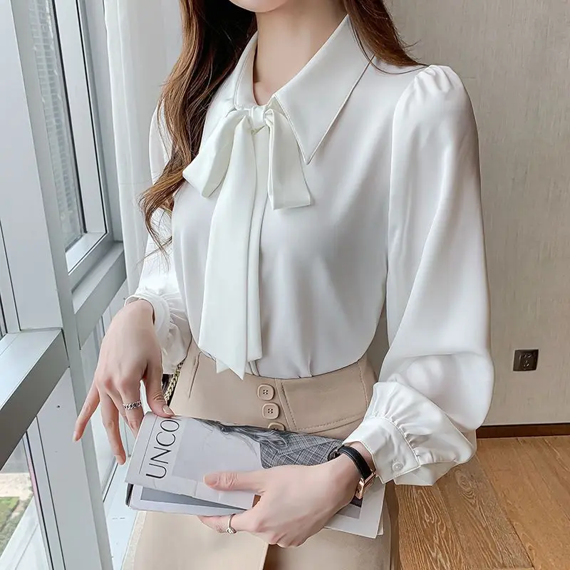 Autumn Elegant Fashon Office Lady Shirt Women All Match Chic Loose Casual Bow Turn Down Sleeve Lantern Sleeve Solid Color Top