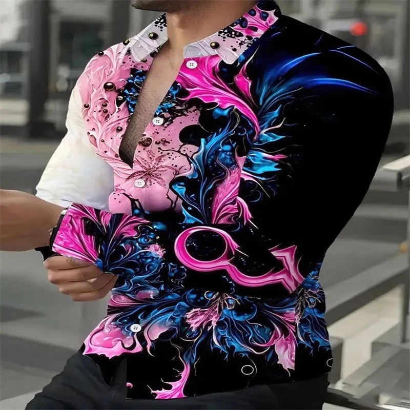2025 Spring Men's Shirt Fashion Retro Street Texture Print Shirt Men's Long Sleeve Lapel Shirt Top Office Clothing