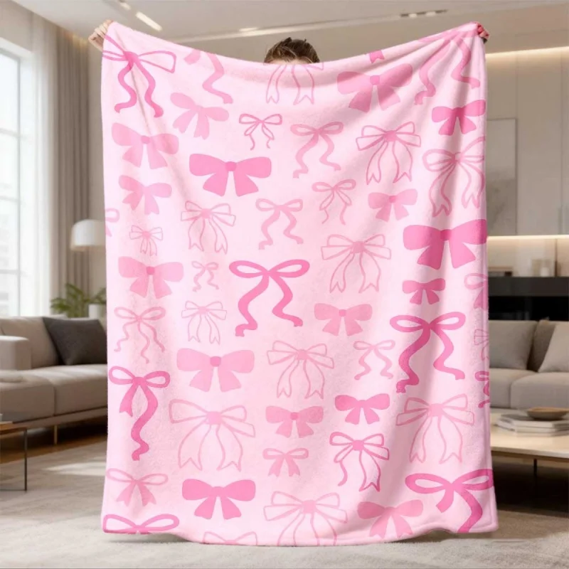 Sweet Pink Multi‑style Bow Knot Print Soft Flannel Throw Blanket Comfortable Warm Blanket For Sofa Bed Daily Home Decoration