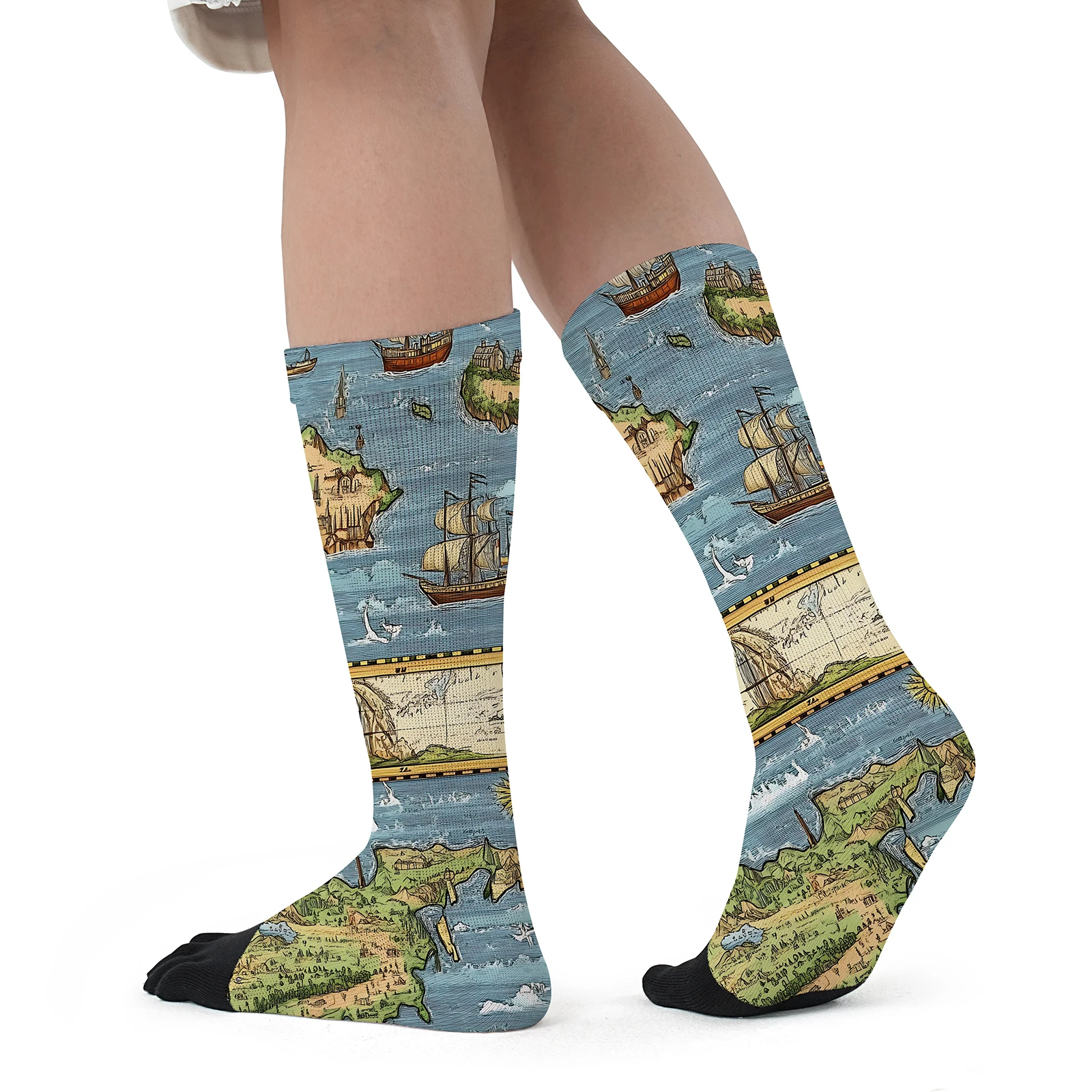 1 pair of nautical hand-drawn map Island Continental print personality mid-tube sports fashion five-finger socks party elastic