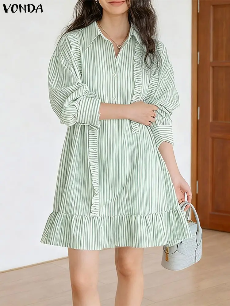 2025 VONDA Plus Size Striped Dress Women Fashion Long Sleeve Lapel Neck Sundress Autumn Mini Robe Casual Loose Short Vestidos