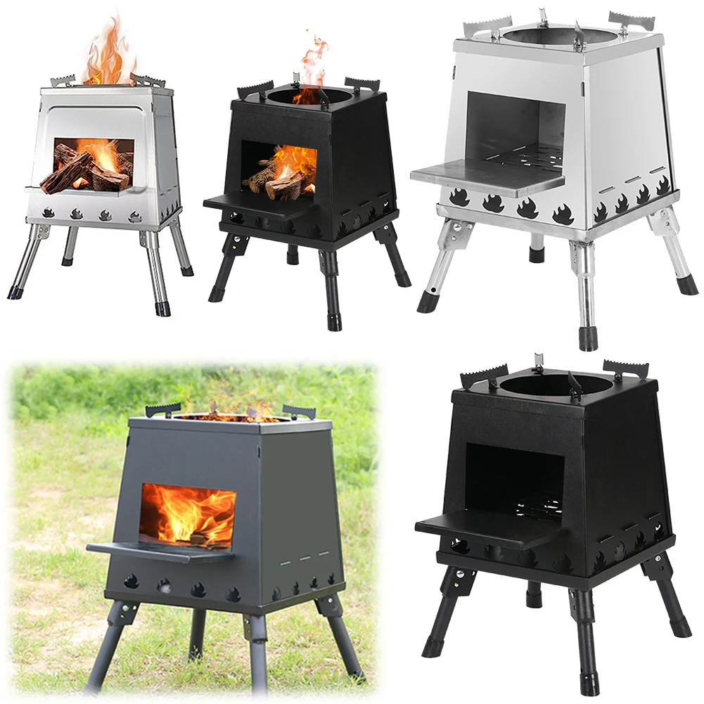 Portable Camping Wood Stove Height Adjustable Stainless Steel Folding Compact Firewood Stove For Outdoor Hiking Traveling BBQ