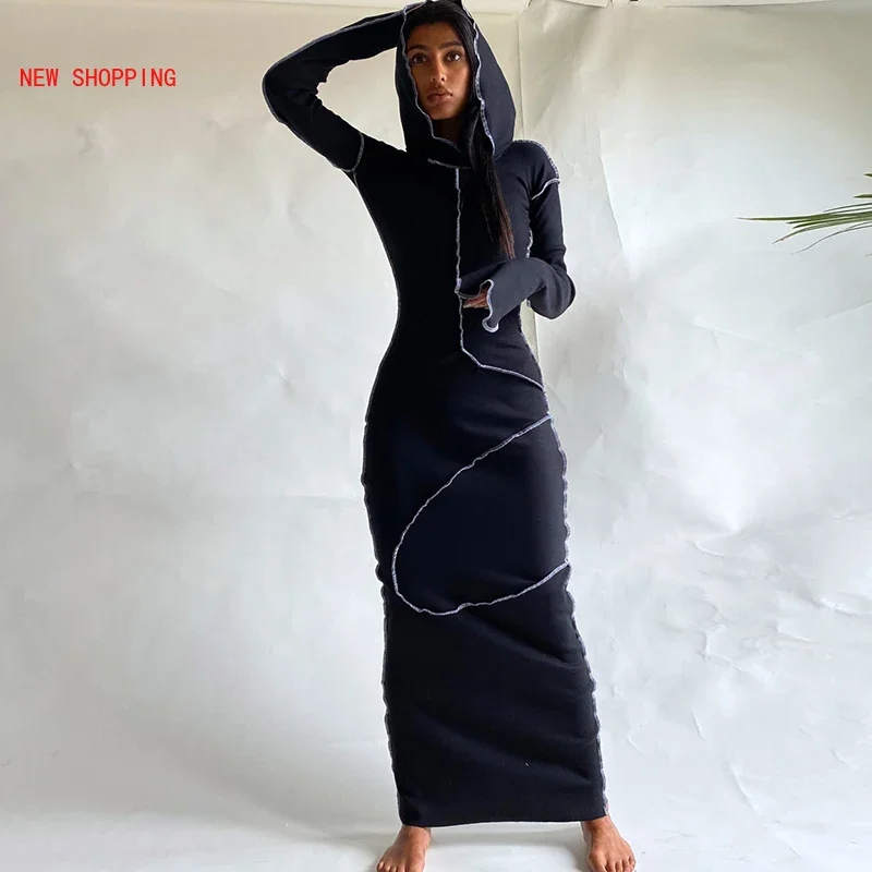 

2024 Fashion Long Sleeve Hooded Patchwork Dress Autumn Winter Women Sexy Skinny Slim Fit Casual Outfits Blue Black Red Robe Maxi