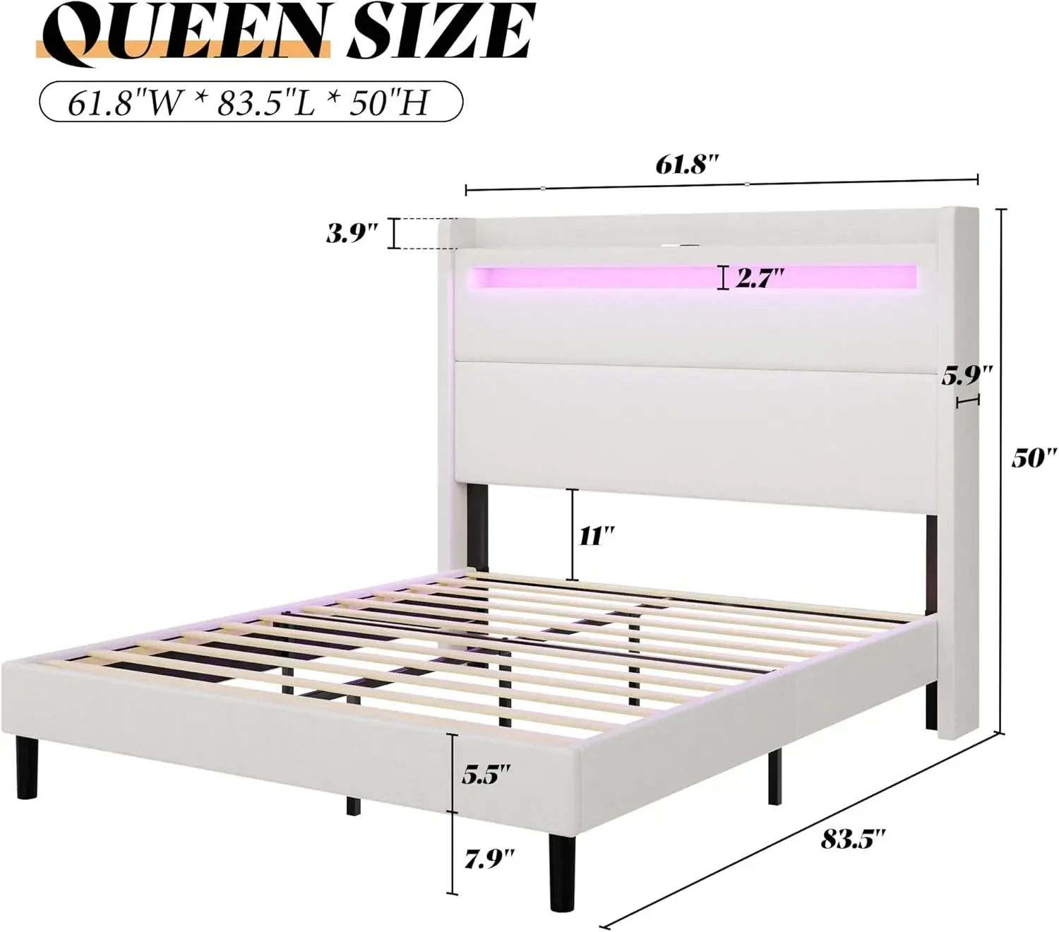 Marco de cama tamaño queen con luces LED y cabecera trasera, cama con plataforma tapizada con puertos USB y USB-C, no necesita somier