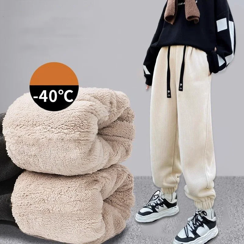 -40° Boys Girls Lambswool Pants Children Winter Thick Warm Trousers Kids Padded Casual Sweatpants Teens Plush Velvet Clothing