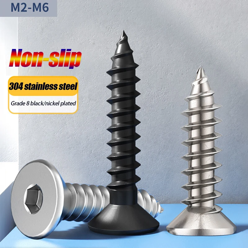 

50Pcs M2 M2.5 M3-M6 304 Stainless Steel/Black 8.8 Carbon Steel Allen Hex Hexagon Socket Flat Countersunk Head Self Tapping Screw