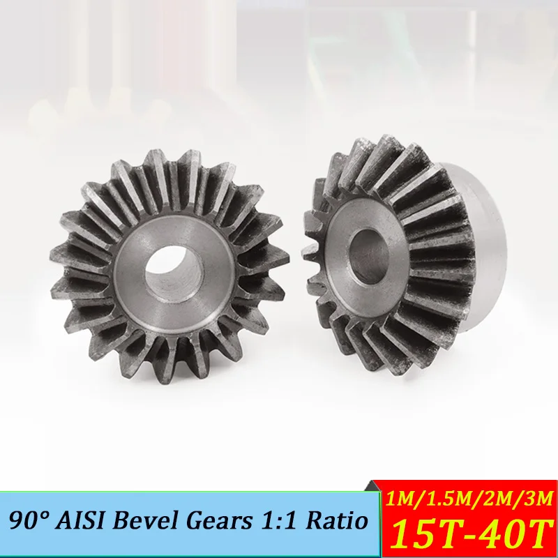 90° Bevel Gears, AISI 1045 Steel, 1:1 Ratio, Module 1M 1.5M 2M 3M, 15-40T Hardened Teeth, for Machinery Power Transmission
