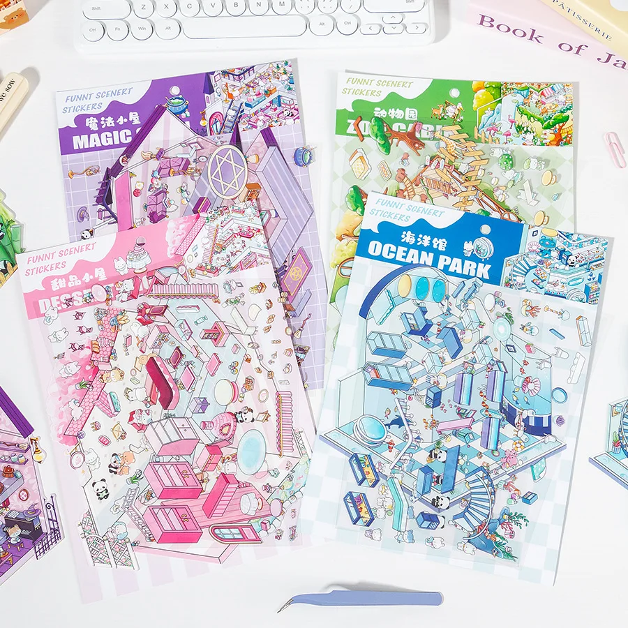 Cartoon 3D Stacking Sticker DIY Decor Kawaii Anime Panda Stimulated Store Landscape Sticker Funny Scene Sticker Student Supplies