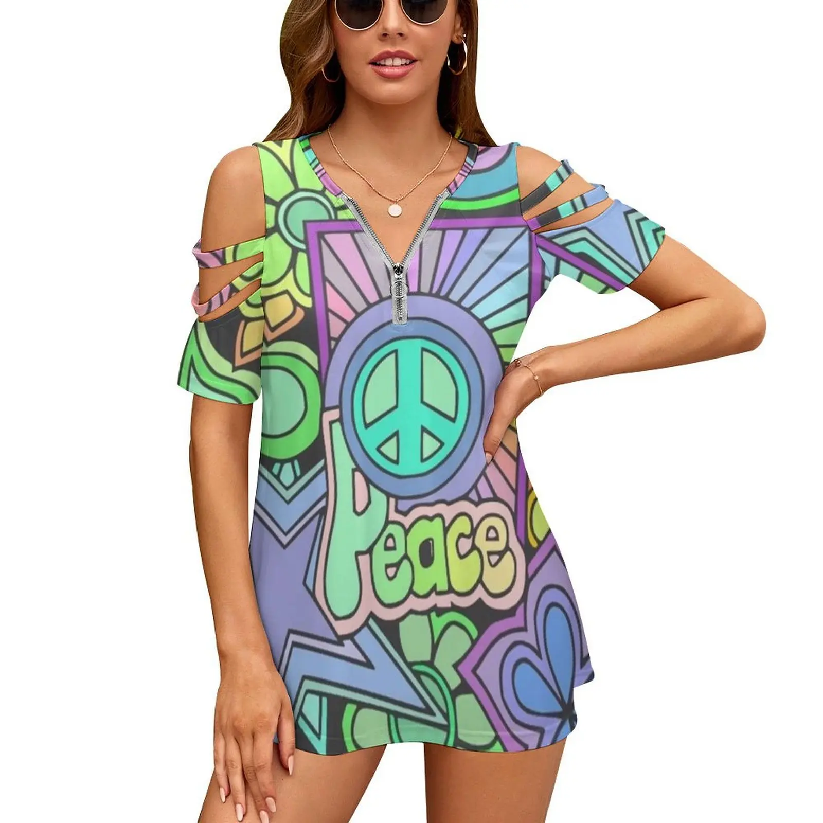 Pretty Hippy Trippy Flower Power Retro Design Women's T-Shirt New Fashion Printed Zipper V-Neck Short Sleeve T Shirts Casual