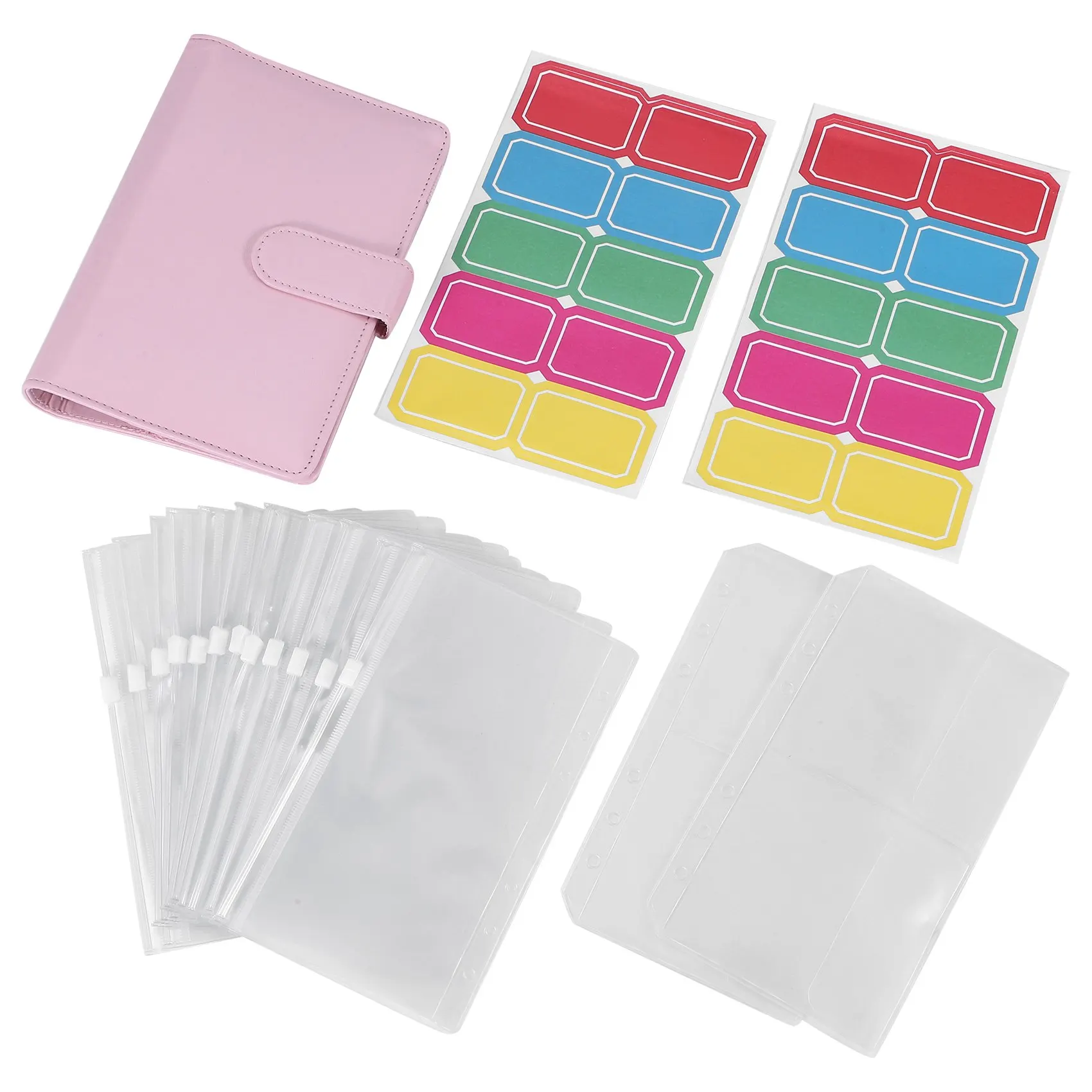 A6 PU Ring Binder,6 Round Rings Notebook Binder 14Pcs Plastic Zippered Envelopes Pockets,with Label Stickers, Pink