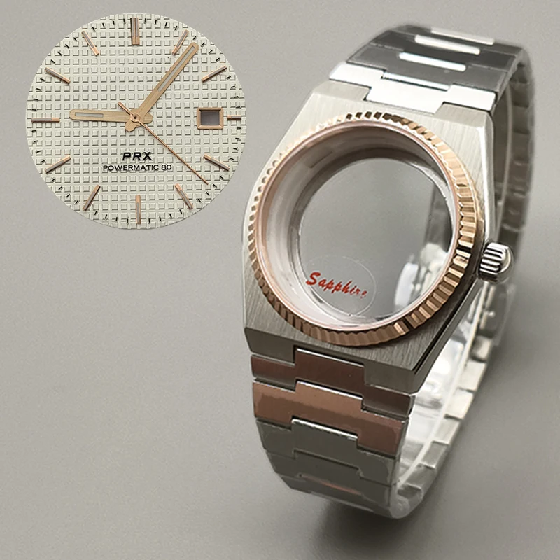 Cassa dell'ingranaggio dell'orologio Super Player PRX da 40 mm in oro rosa adatta al movimento 7S26 NH35 NH36 NH38 4R Vetro zaffiro Quadrante multicolore Parti delle lancette