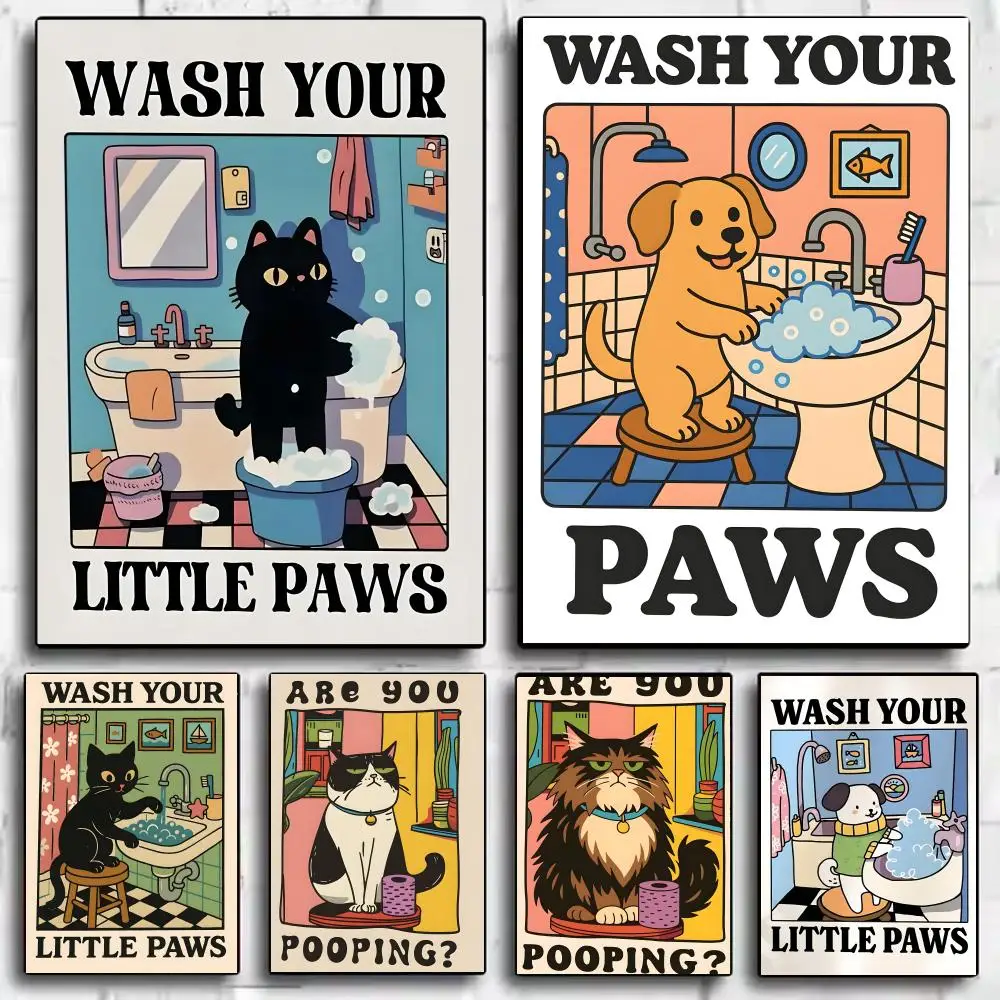 Art W-Wash Your Paws Poster Framed Canvas Wall Art Print for Office Dining Room Bathroom Wall Decor