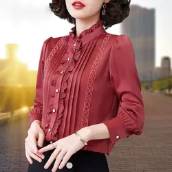 Commute Ruffles Spliced Pleated Blouse 2023 Spring Autumn Fashion Lace Women's Clothing Stand Collar Single-breasted Loose Shirt